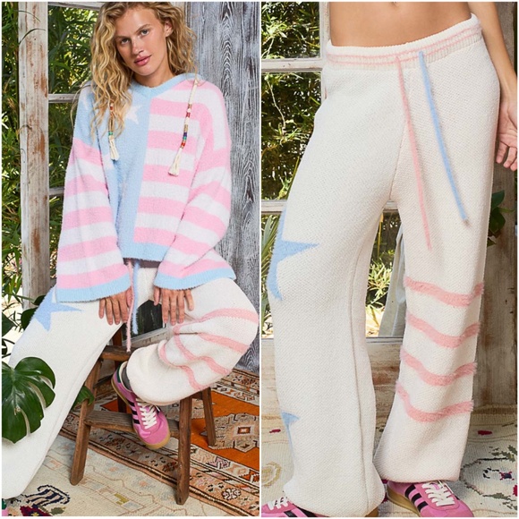 POL Stars Stripes Stretchy waist Drawstring Berber Jogger Pants - Picture 2 of 3